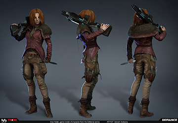 Defiance Concept Art Irisa Nolan; game render of character from Defiance series