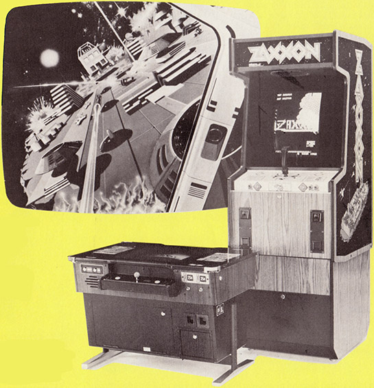 A pilot's-eye view of the assault on the Fortress. A sequence from Segal/Gremlin's extraordinary Zaxxon TV commercial, complete with computer-generated graphics (see Videogaming Illustrated #1 for an explanation of this animation process). Two versions of Zaxxon: the standup and cocktail table varieties. The joystick of the latter does not have a built-in trigger.