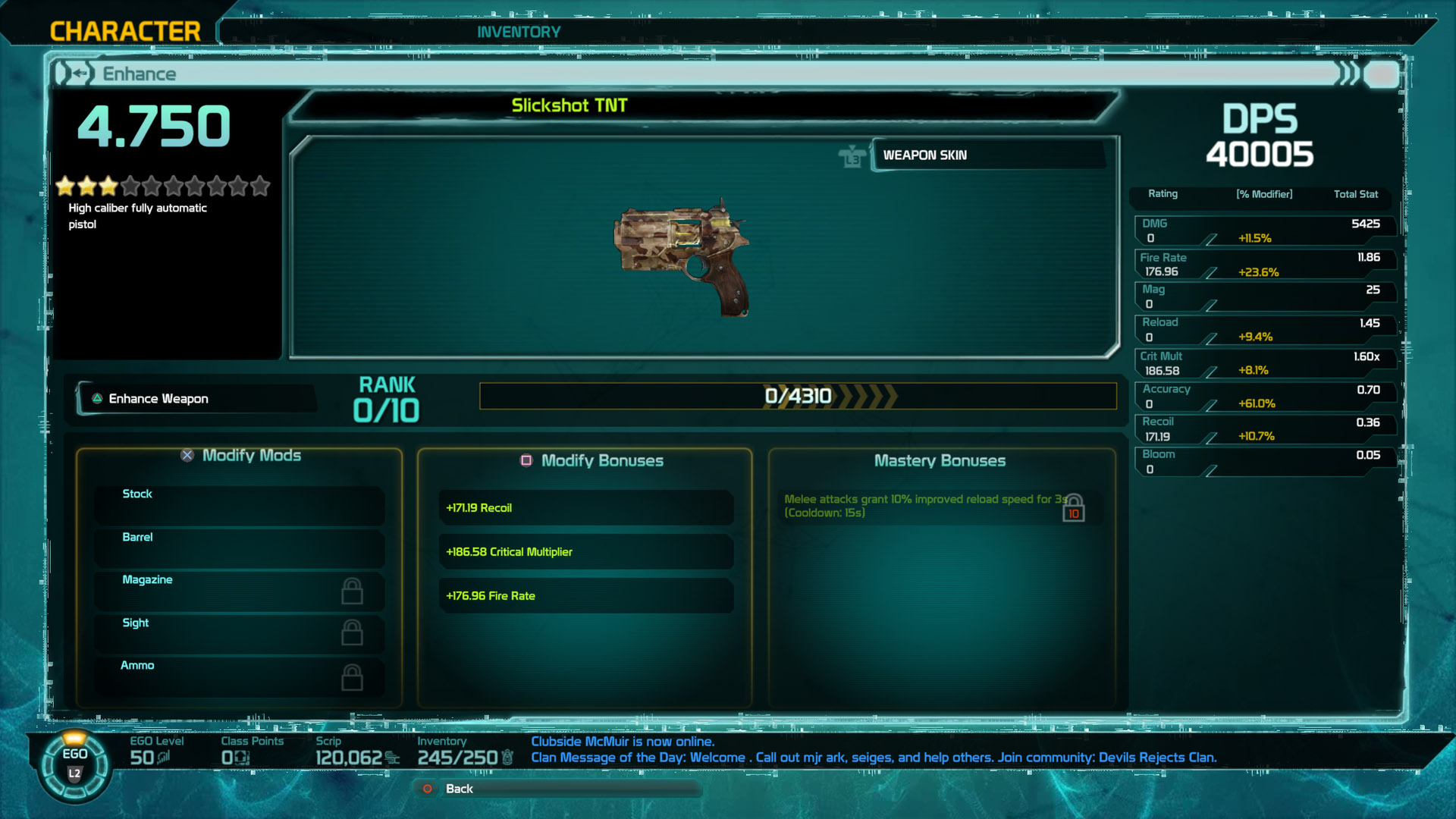 Slickshot Ehnace Weapon Screen