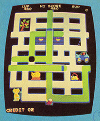 One of the more recent Exidy games, Crush Roller. Your task is to paint the streets of the little town while a pair of mischief-makers follow you and try to knock over your paint can. Shades of Death Race: you, in turn, try to crush them with your rollers. At the same time, a cat, bird, mouse, runaway tire, and invisible man work hard to leave tracks on your fresh coat.