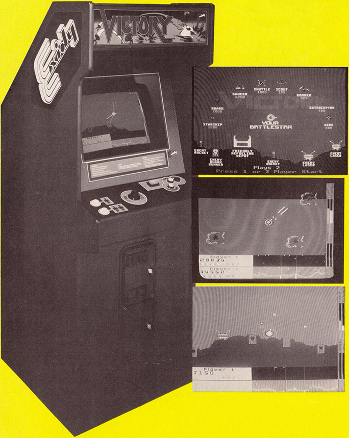The Victory attract mode. Victory has been popular for some time now, and to give the game new life, Exidy is offering arcade operators the chance to transform it to Victory Banana, a new space game. The modification kit is similar to the one used to transform Venture games into Pepper 2.